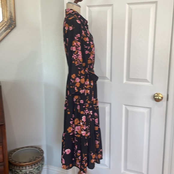 Nanette Lepore dress floral tiered button down Tie waist black pink size 10 - Picture 4 of 15